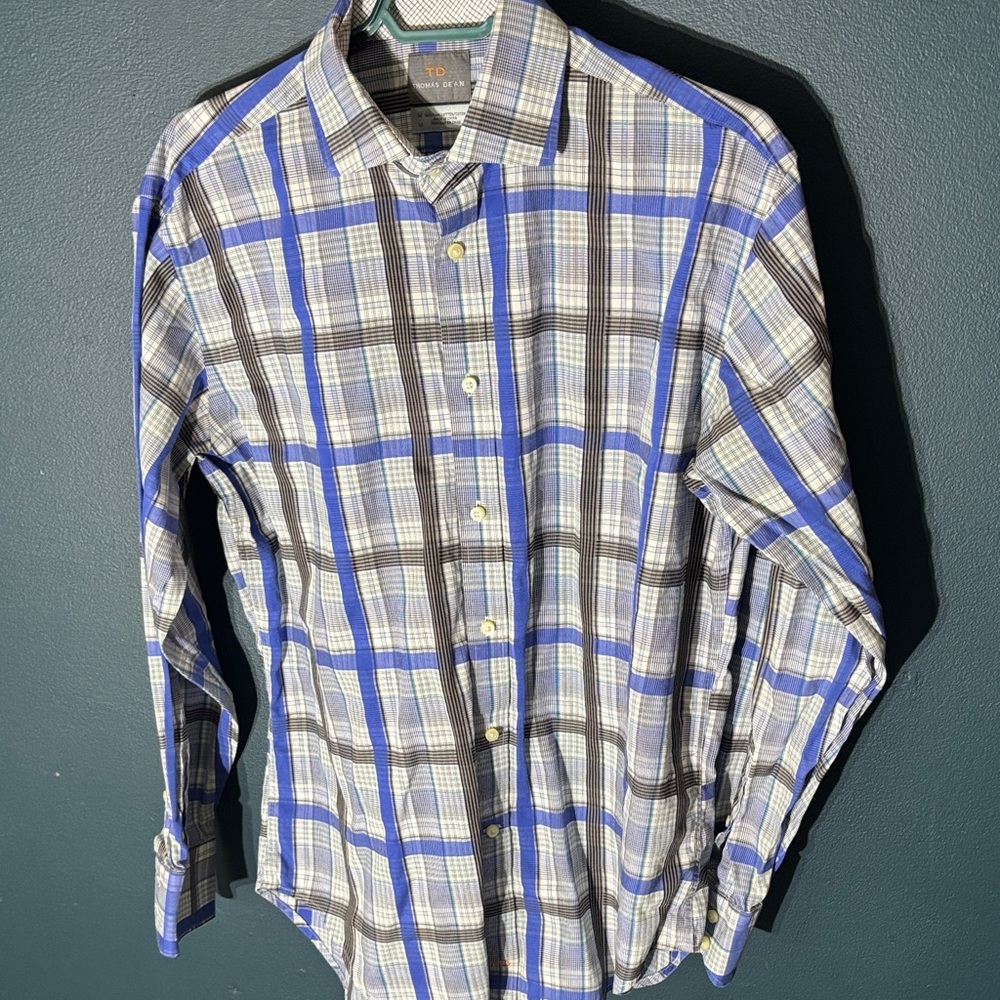Thomas Dean Men's Blue and Grey Checkered Shirt